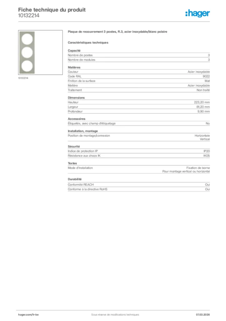 Image Hager Fiche technique du produit 10132214 | Hager Belgique