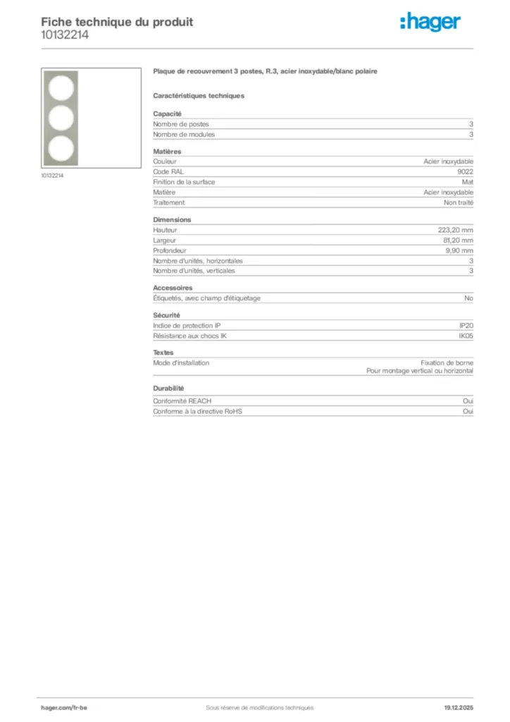 Image Hager Fiche technique du produit 10132214 | Hager Belgique