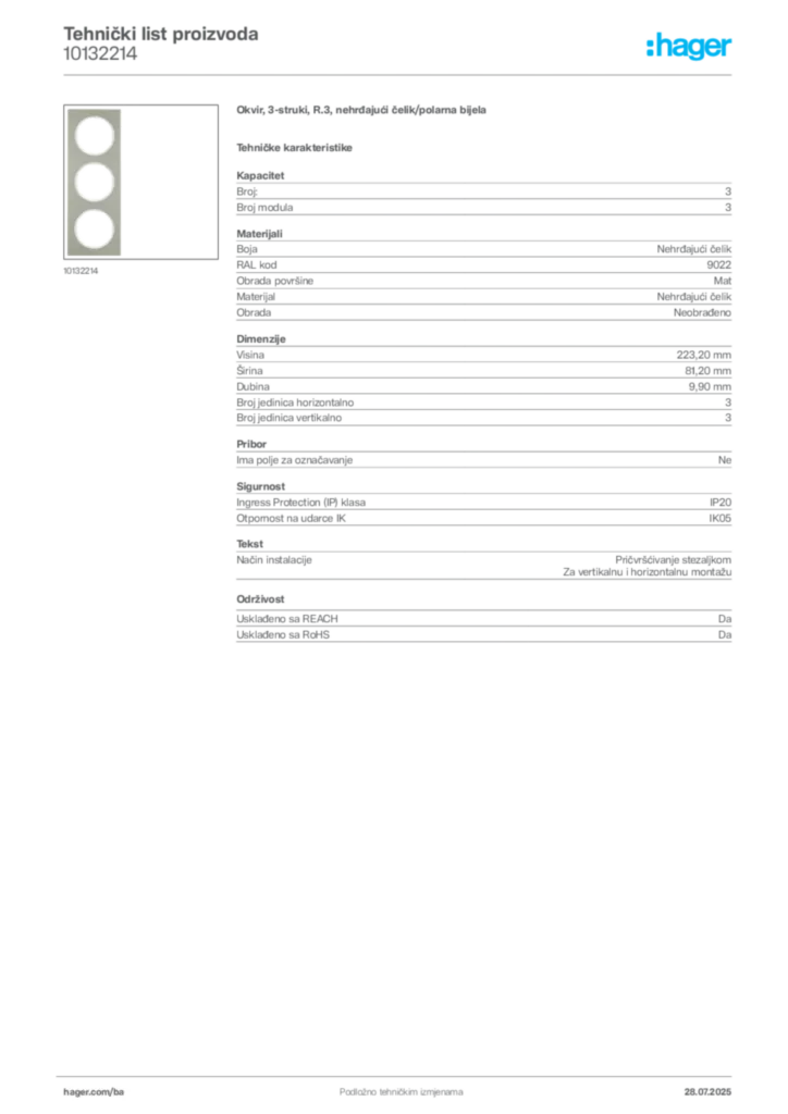 Slika Hager Product data sheet 10132214  | Hager