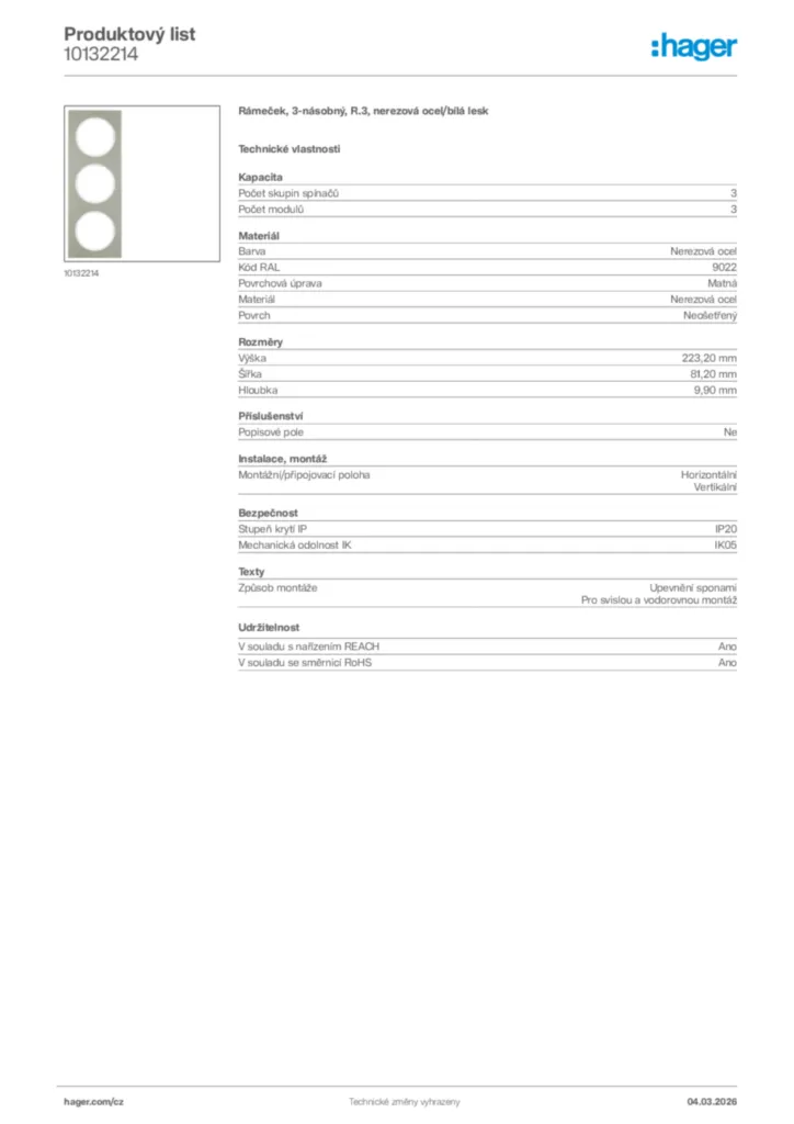 Obrázek Hager Product data sheet 10132214 | Hager