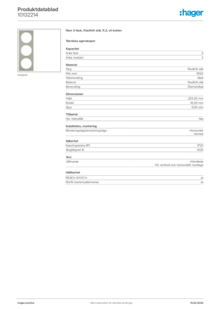 Bild Hager Produktdatablad 10132214 | Hager Sverige