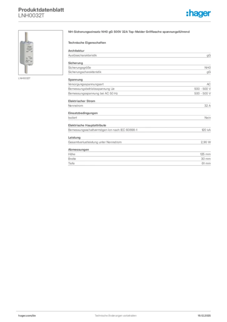 Bild Hager Produktdatenblatt LNH0032T | Hager Deutschland