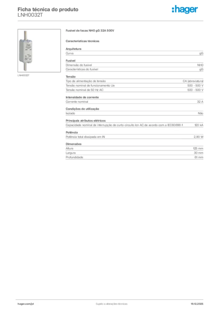 Imagem Hager Ficha técnica do produto LNH0032T | Hager Portugal