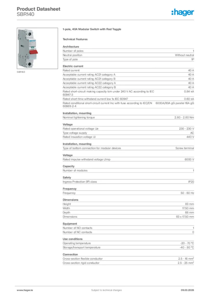 Image Hager Product data sheet SBR140  | Hager