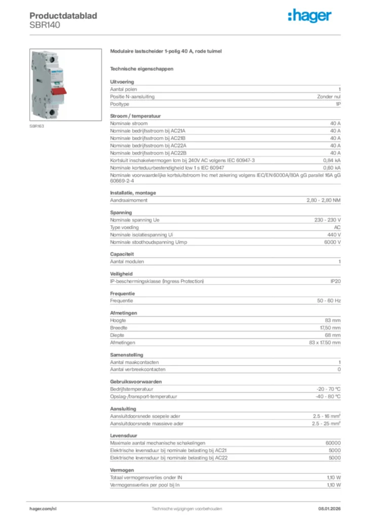 Afbeelding Hager Productdatablad SBR140 | Hager Nederland