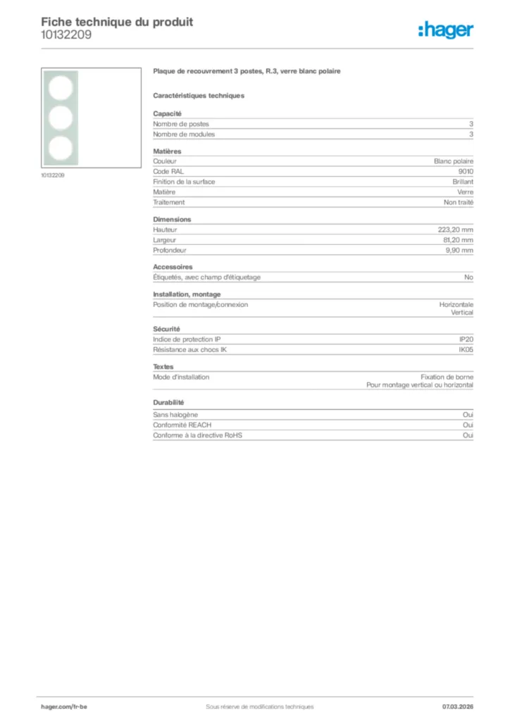 Image Hager Fiche technique du produit 10132209 | Hager Belgique