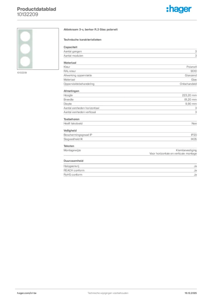 Afbeelding Hager Productdatablad 10132209 | Hager Belgium
