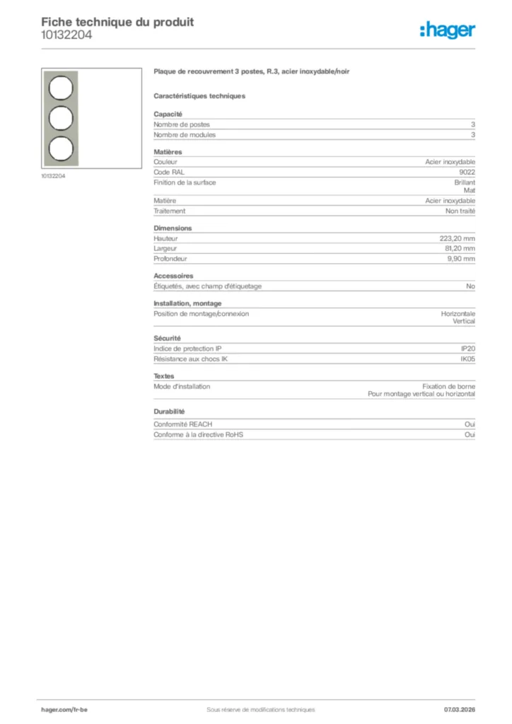 Image Hager Fiche technique du produit 10132204 | Hager Belgique