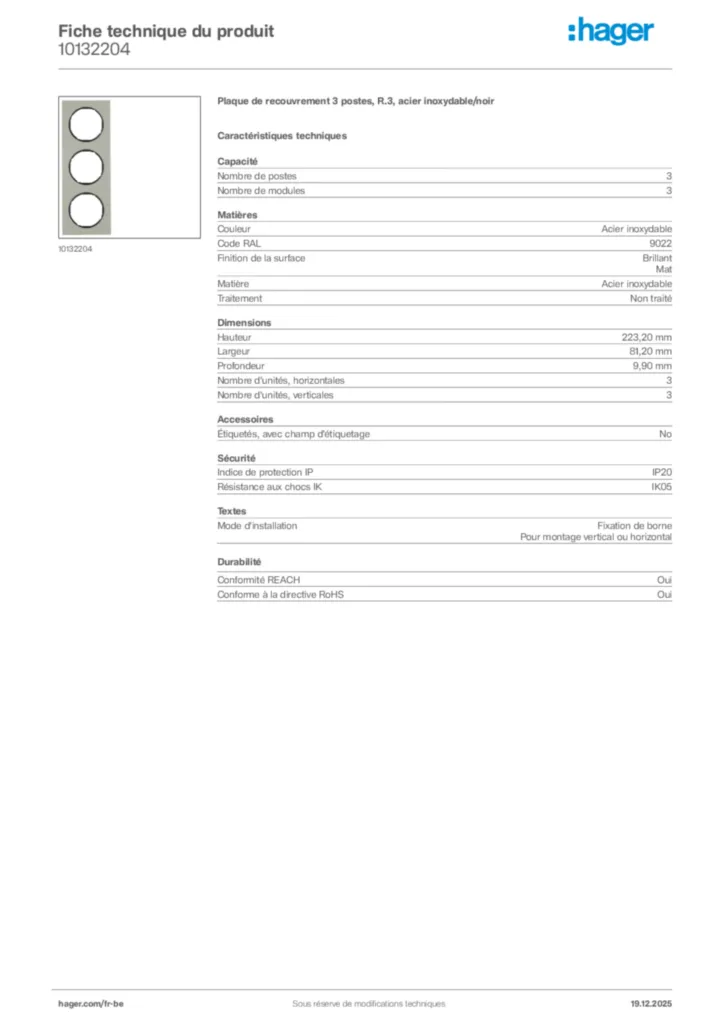 Image Hager Fiche technique du produit 10132204 | Hager Belgique