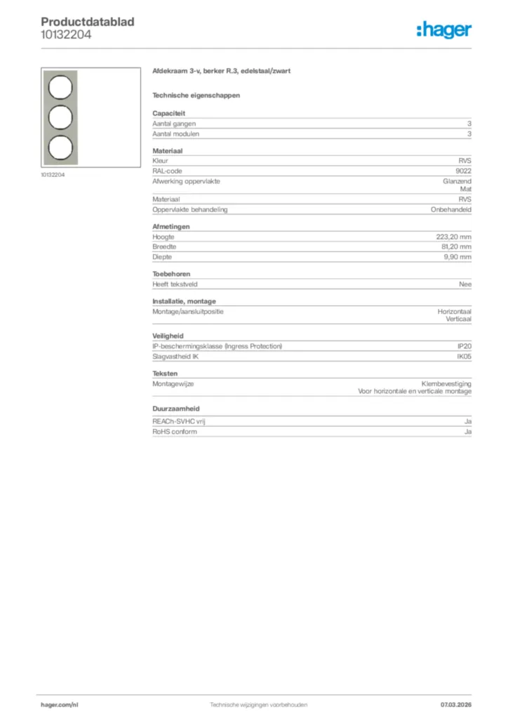 Afbeelding Hager Productdatablad 10132204 | Hager Nederland