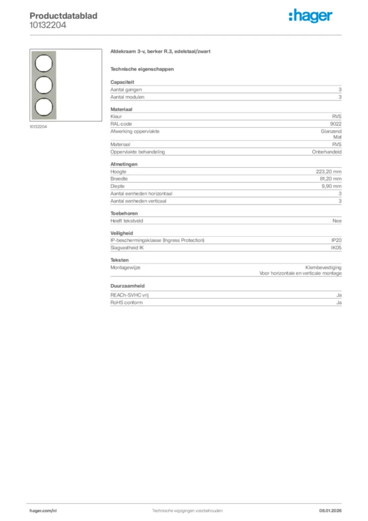 Afbeelding Hager Productdatablad 10132204 | Hager Nederland