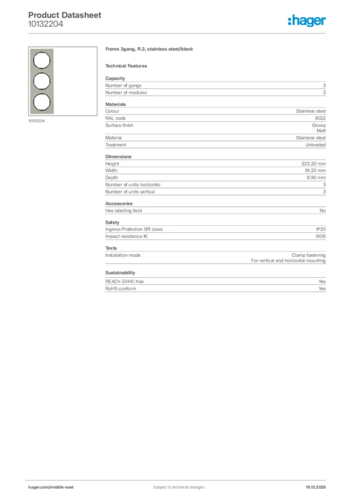 Image Hager Product data sheet 10132204  | Hager