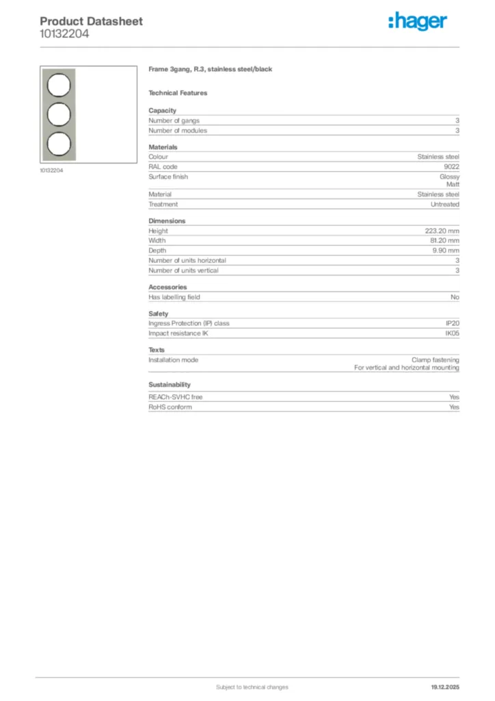 Image Hager Product data sheet 10132204  | Hager