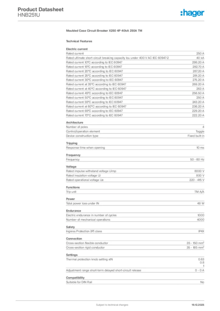 Image Hager Product data sheet HNB251U  | Hager Africa