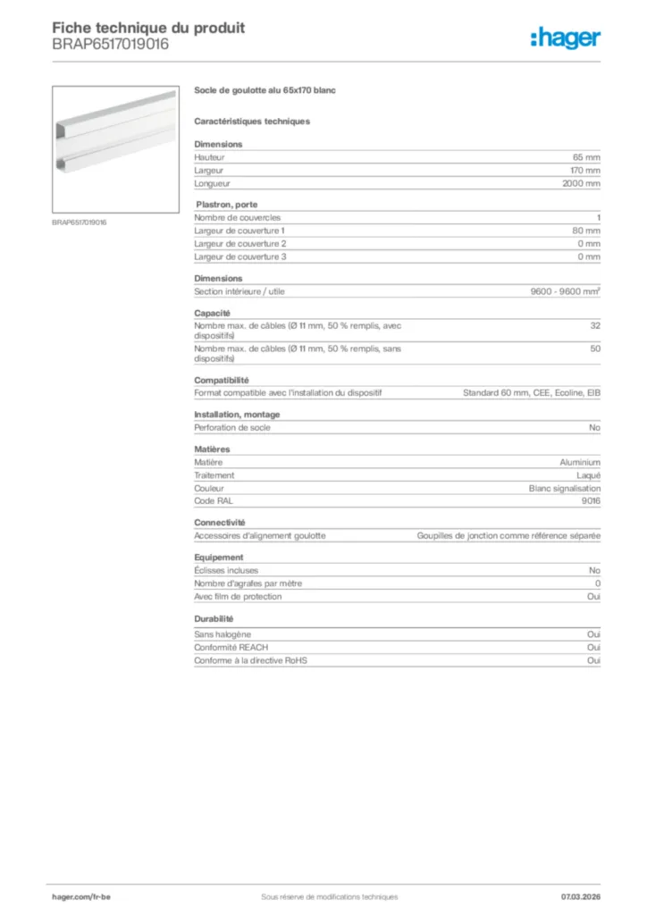 Image Hager Fiche technique du produit BRAP6517019016 | Hager Belgique