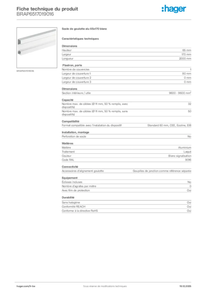 Image Hager Fiche technique du produit BRAP6517019016 | Hager Belgique