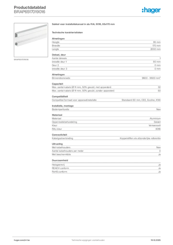 Afbeelding Hager Productdatablad BRAP6517019016 | Hager Belgium