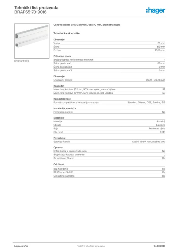 Slika Hager Tehnički list proizvoda BRAP6517019016  | Hager