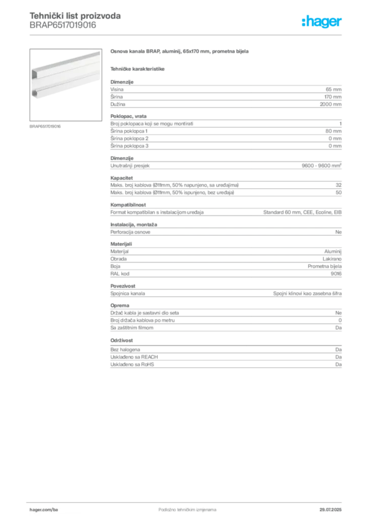 Slika Hager Product data sheet BRAP6517019016  | Hager