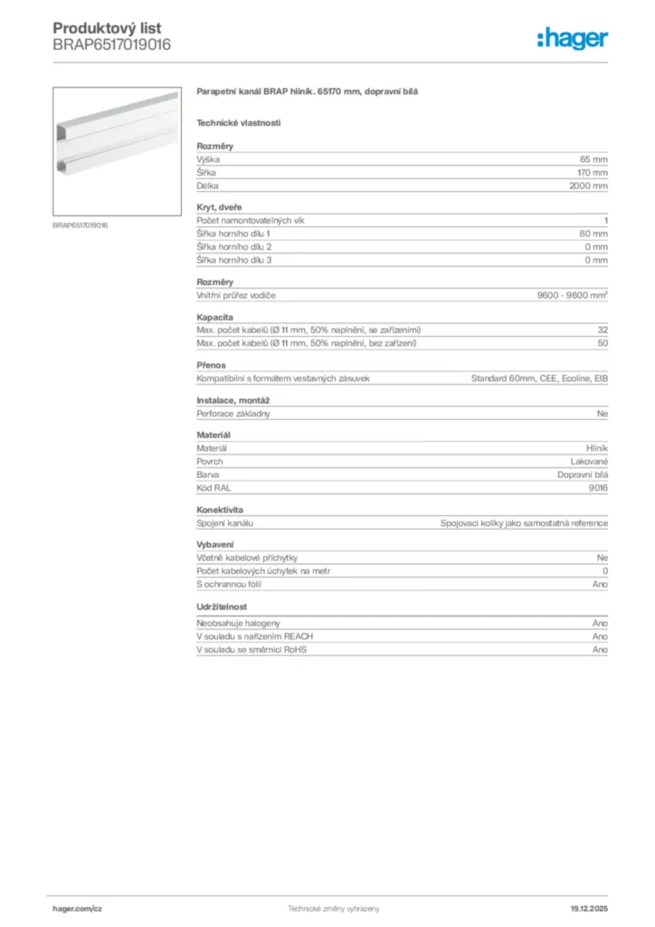 Obrázek Hager Produktový list BRAP6517019016 | Hager