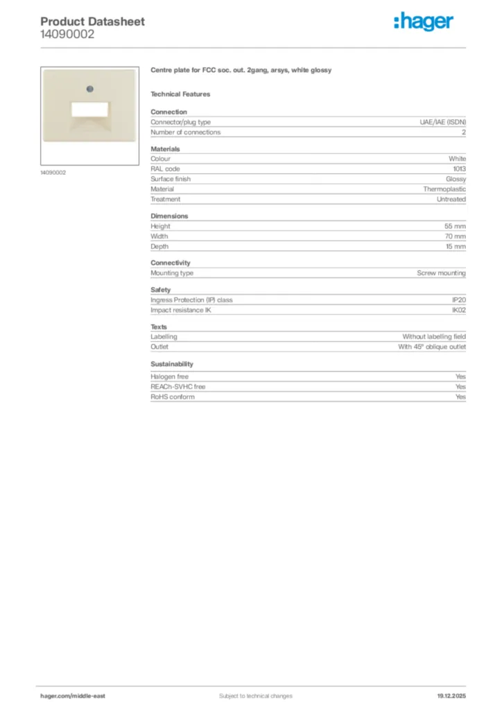 Image Hager Product data sheet 14090002  | Hager