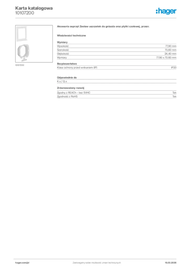 Zdjęcie Hager Karta katalogowa 10107200 | Hager Polska