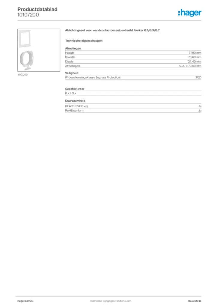 Afbeelding Hager Productdatablad 10107200 | Hager Nederland