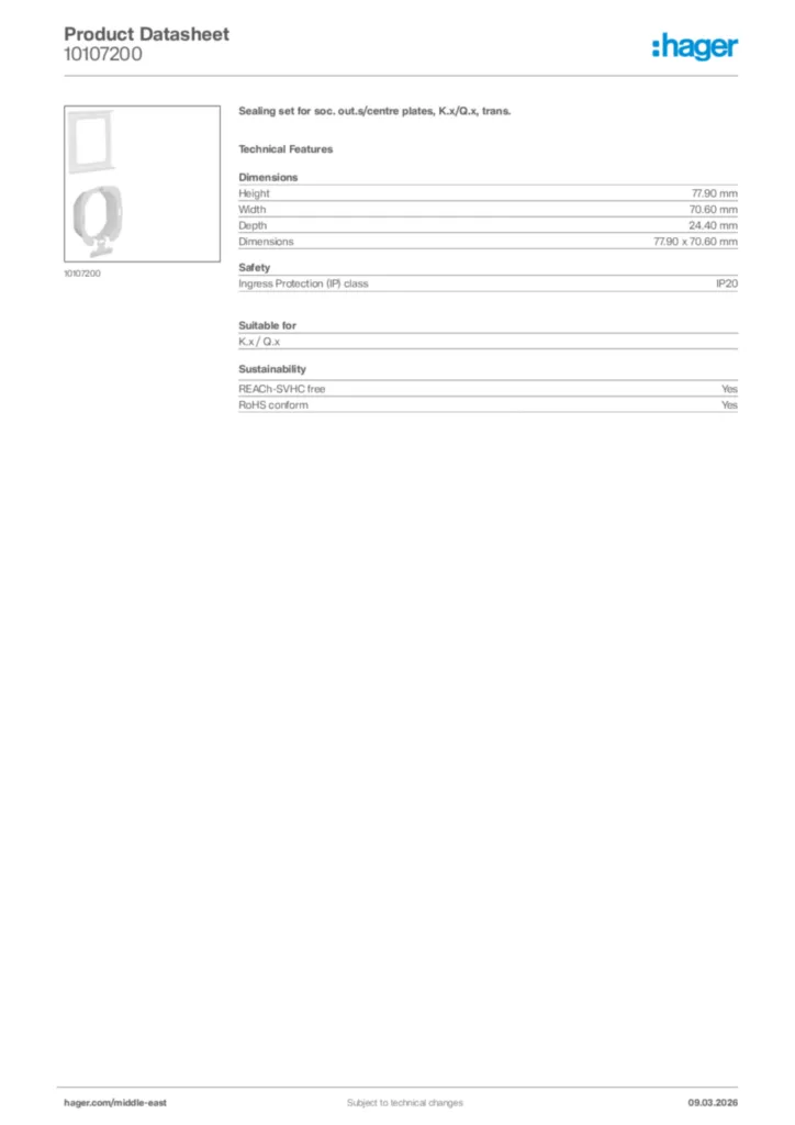 Image Hager Product data sheet 10107200  | Hager