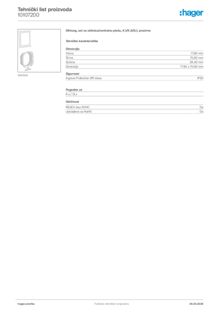 Slika Hager Tehnički list proizvoda 10107200  | Hager