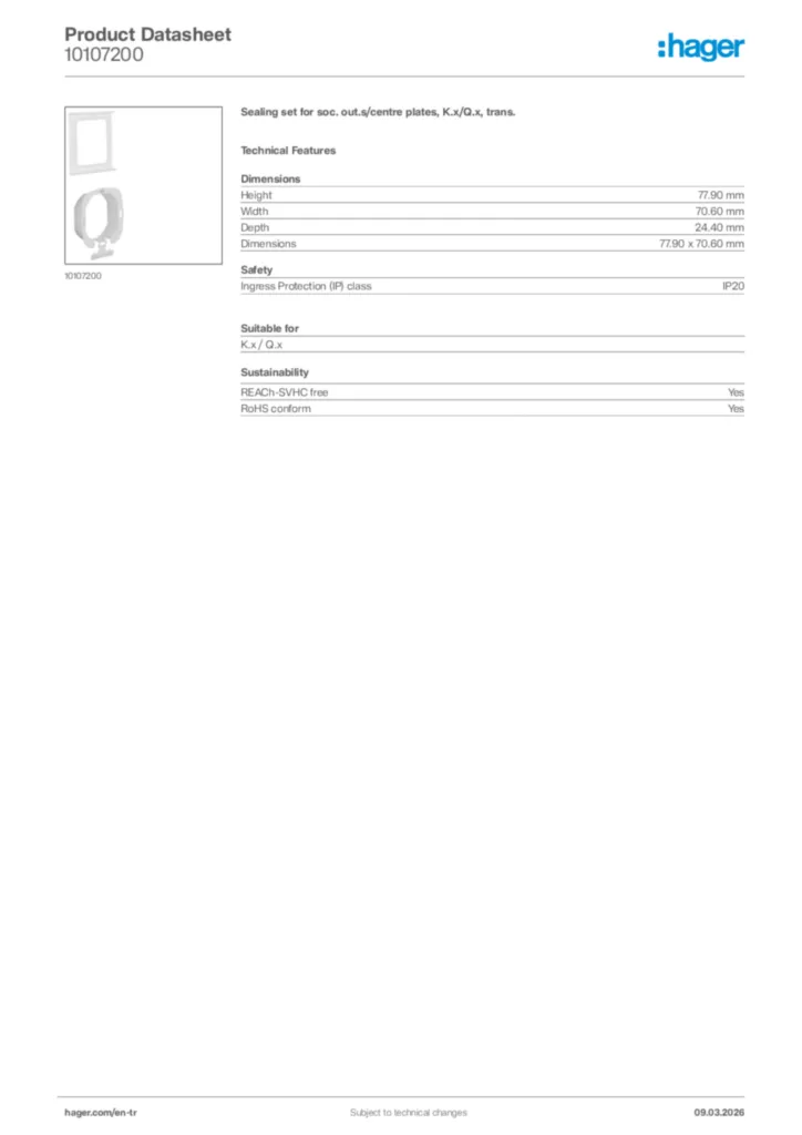 Image Hager Product data sheet 10107200  | Hager