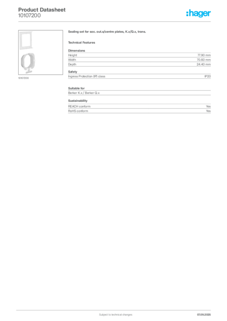 Image Hager Product data sheet 10107200  | Hager