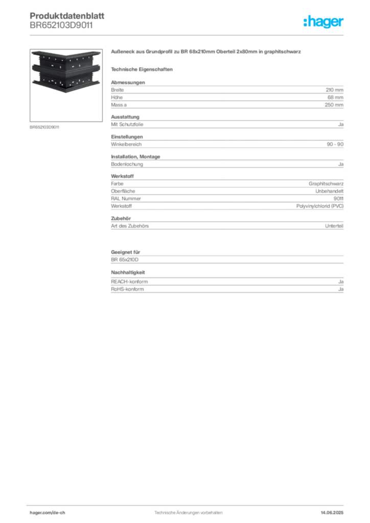 Bild Hager Produktdatenblatt BR652103D9011 | Hager Schweiz