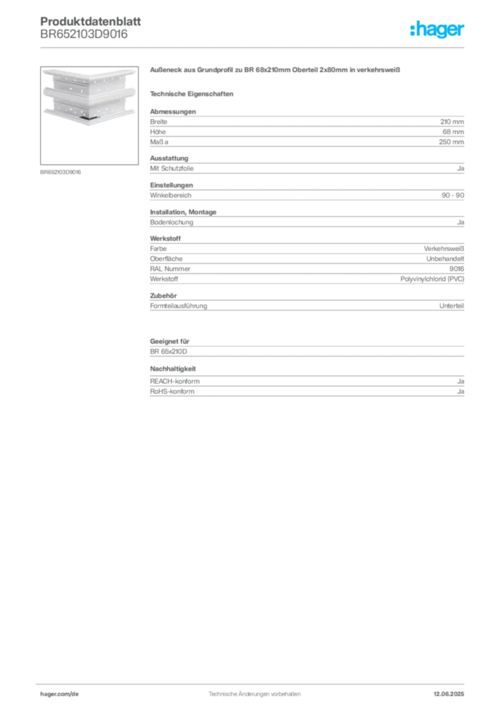 Hager Produktdatenblatt BR652103D9016