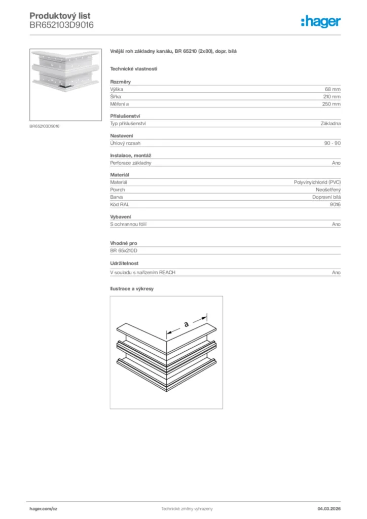 Obrázek Hager Product data sheet BR652103D9016 | Hager