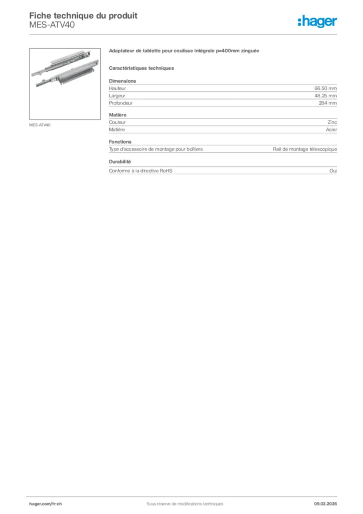 Image Hager Fiche technique du produit MES-ATV40 | Hager Suisse