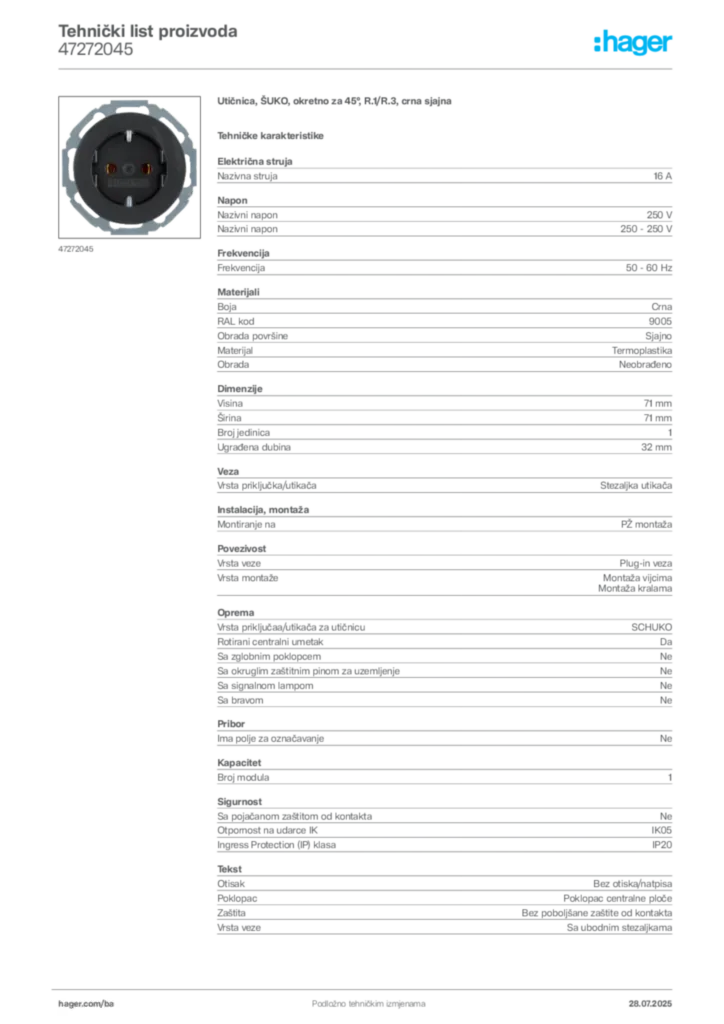 Slika Hager Product data sheet 47272045  | Hager