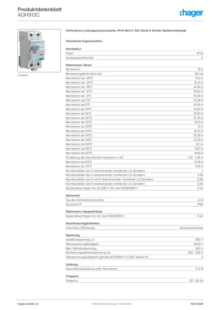 Bild Hager Produktdatenblatt ADH913C | Hager Schweiz
