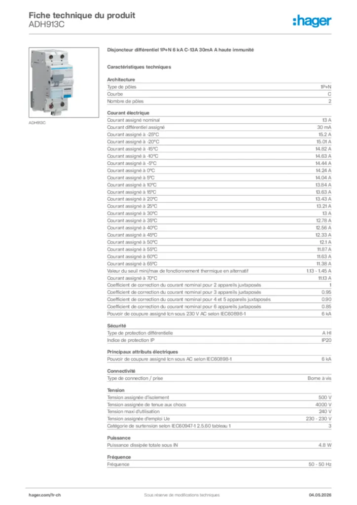 Image Hager Fiche technique du produit ADH913C | Hager Suisse