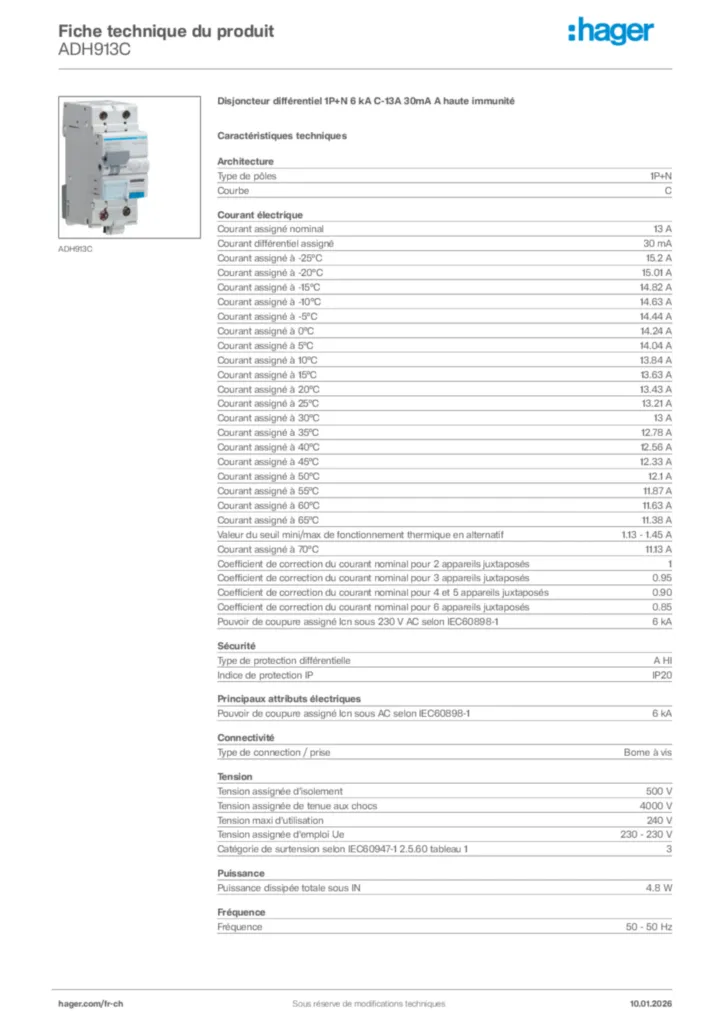 Image Hager Fiche technique du produit ADH913C | Hager Suisse