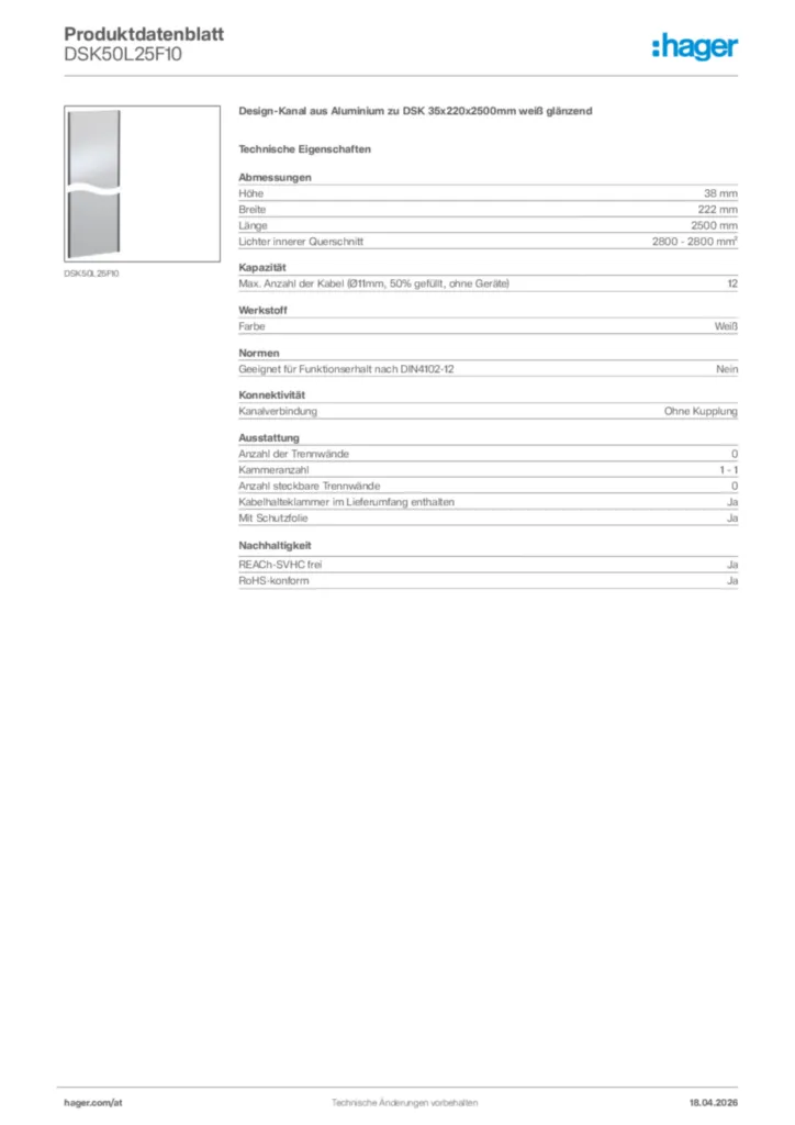 Bild Hager Produktdatenblatt DSK50L25F10 | Hager Deutschland