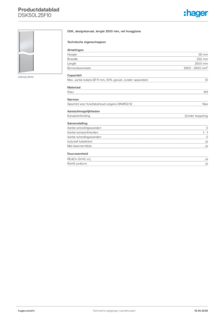 Afbeelding Hager Productdatablad DSK50L25F10 | Hager Nederland