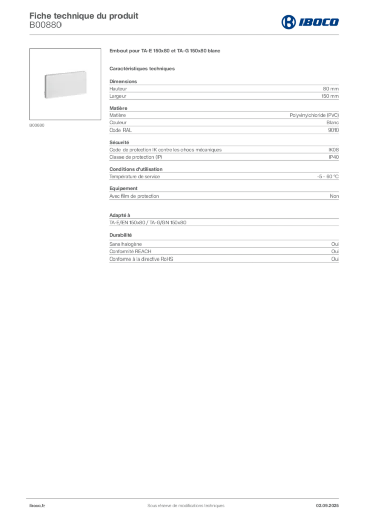 Image Iboco Fiche technique du produit B00880 | Hager France