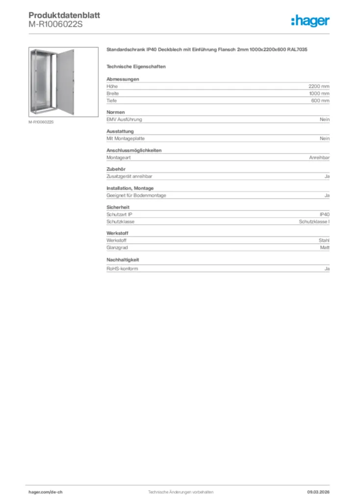 Bild Hager Produktdatenblatt M-R1006022S | Hager Schweiz