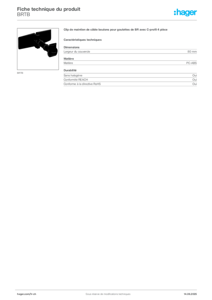 Image Hager Fiche technique du produit BRTB | Hager Suisse
