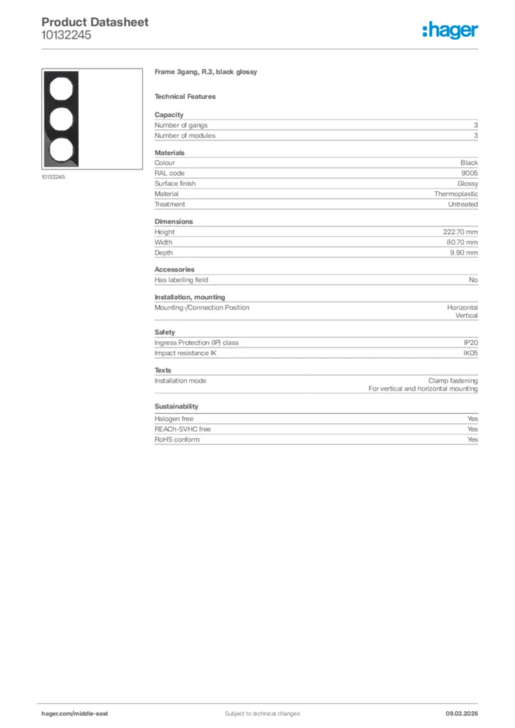 Image Hager Product data sheet 10132245  | Hager