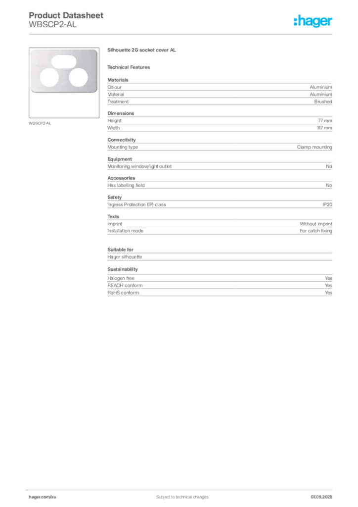 Image Hager Product data sheet WBSCP2-AL  | Hager Australia