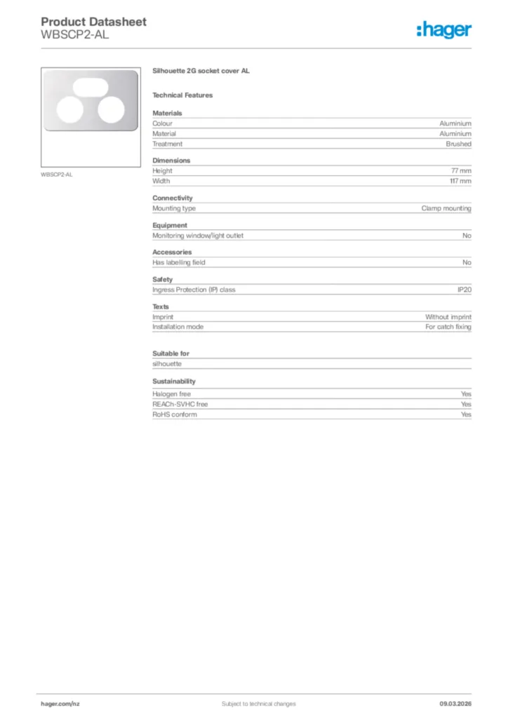 Image Hager Product data sheet WBSCP2-AL  | Hager New Zealand