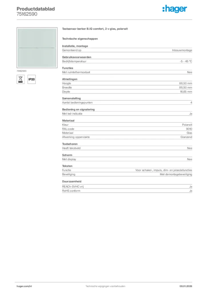 Afbeelding Hager Productdatablad 75162590 | Hager Nederland