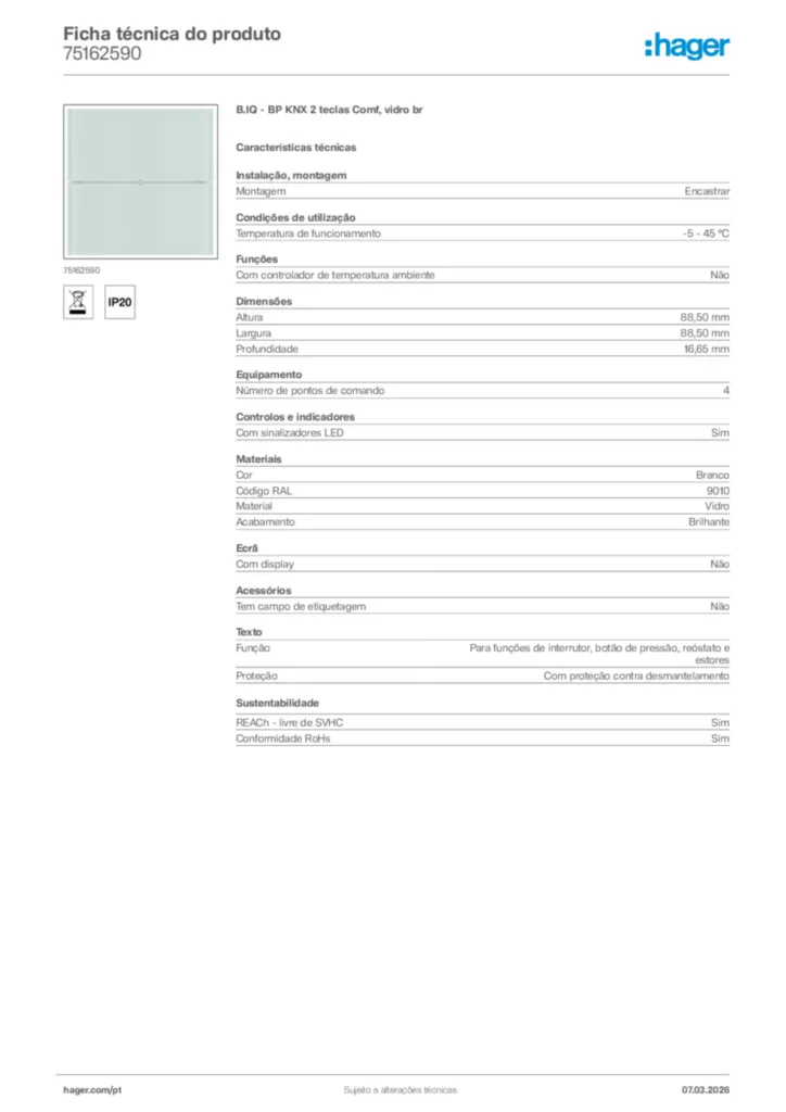 Imagem Hager Ficha técnica do produto 75162590 | Hager Portugal