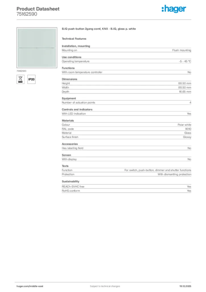 Image Hager Product data sheet 75162590  | Hager